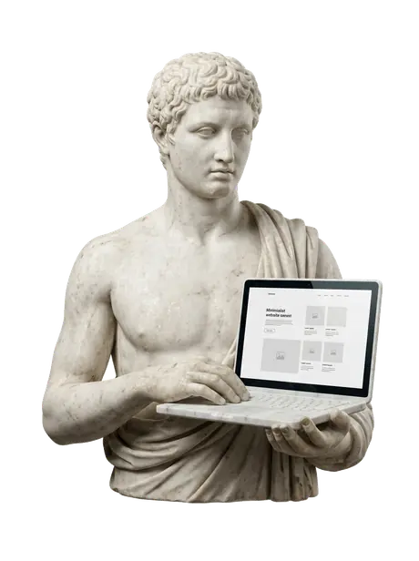Statua Greca con Laptop e Sviluppo Web